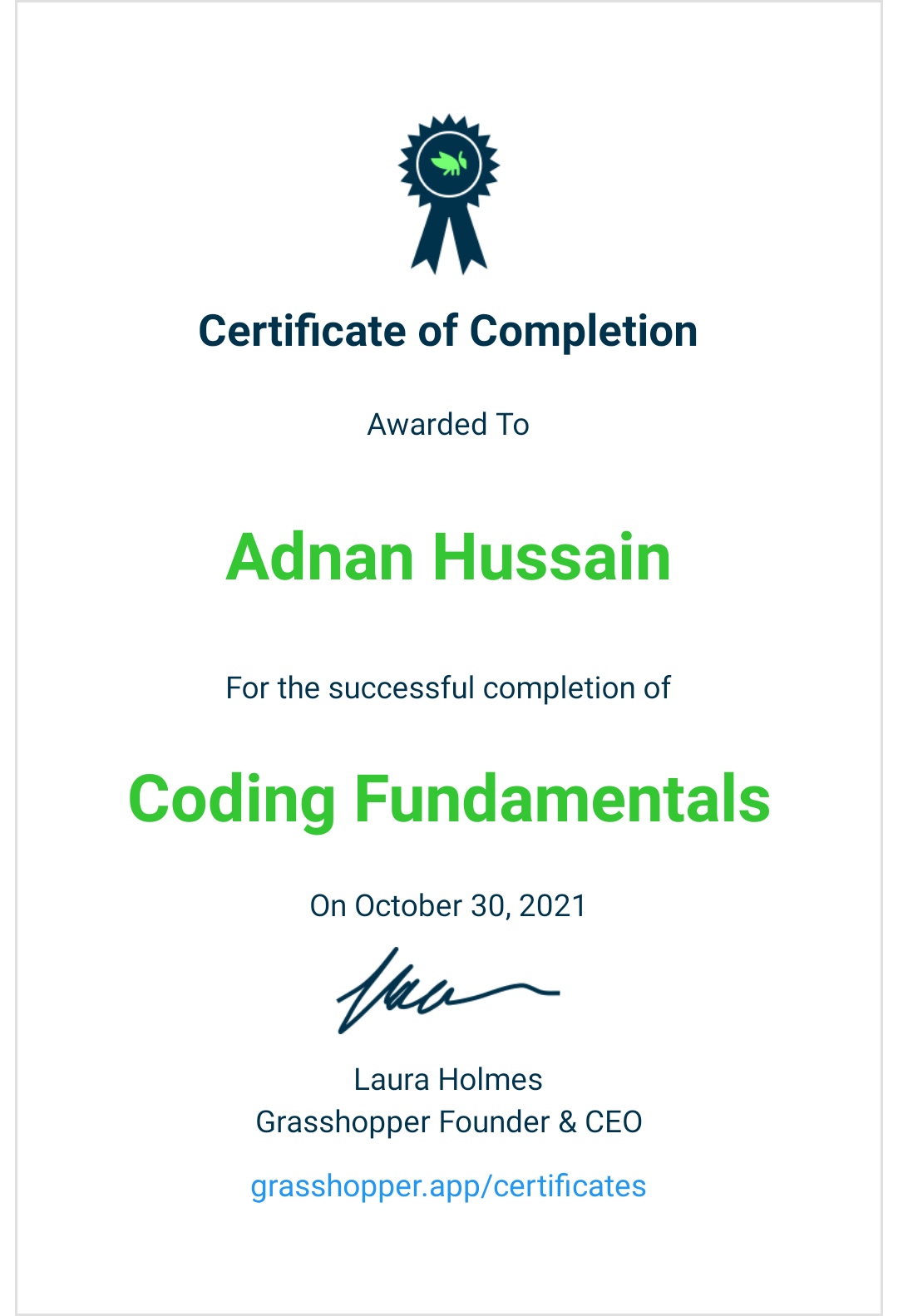 Certificate for completing Coding Fundamentals